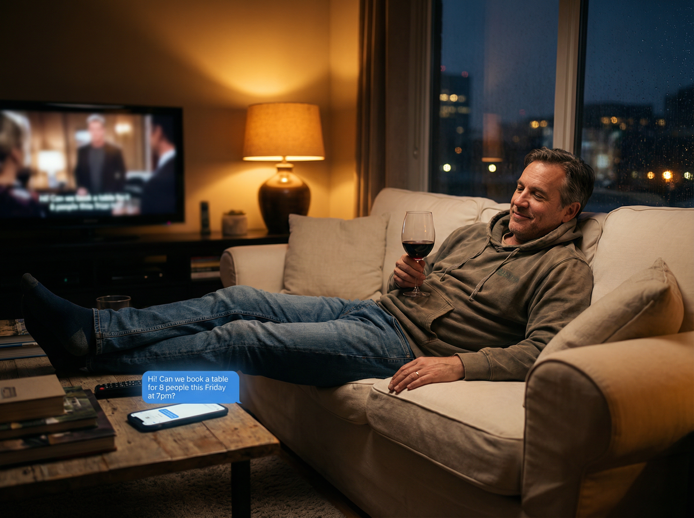 Phone glowing with booking request while owner relaxes at home