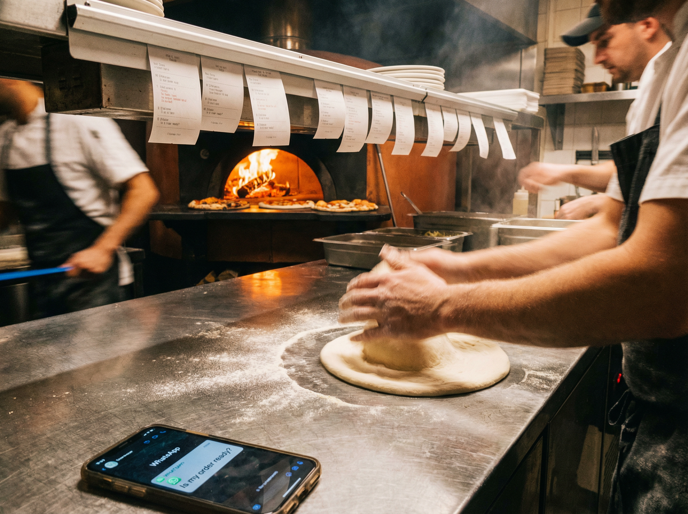 Busy pizza kitchen during Friday night rush
